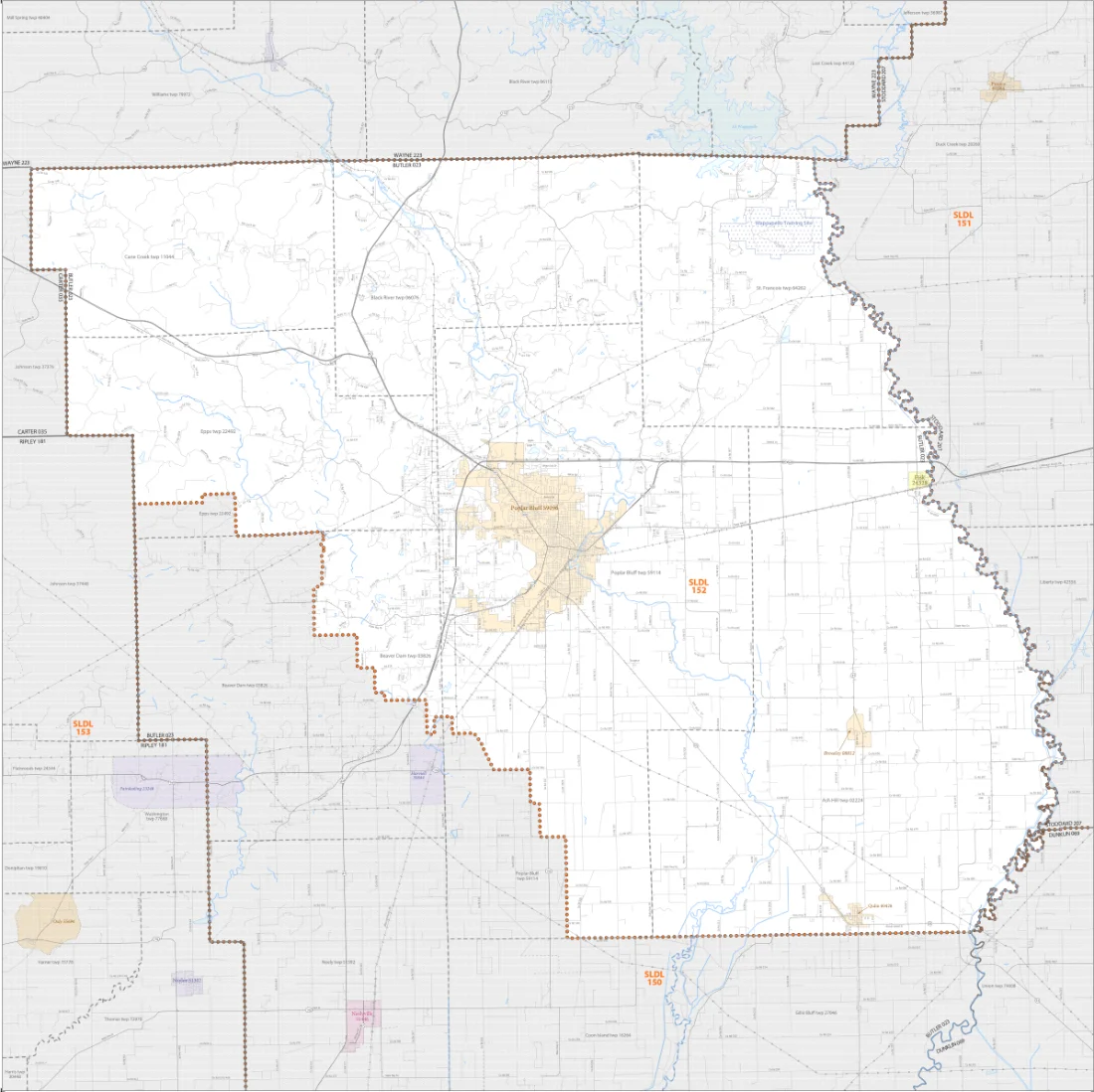 Map of Missouri House District 152 (SLDL 152) within Butler County, Missouri — anchored on Poplar Bluff, including Fisk, Rombauer, and Broseley, bordered by districts 150, 151, and 153.